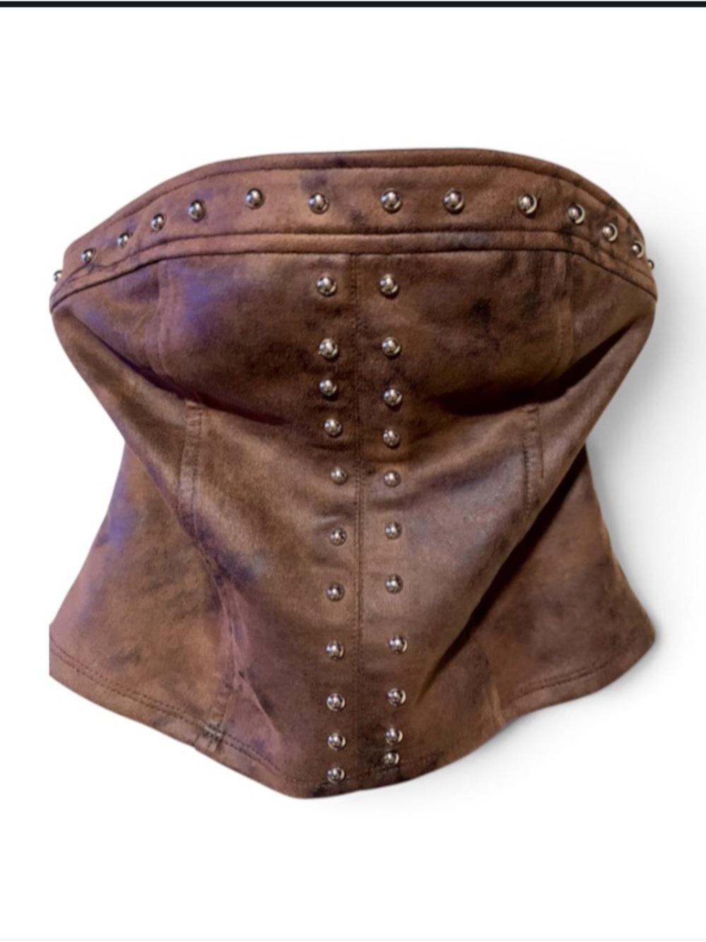 Bear Dance Fitted Brown Faux-Suede Studded Crop Corset Top w/Full Zip Back